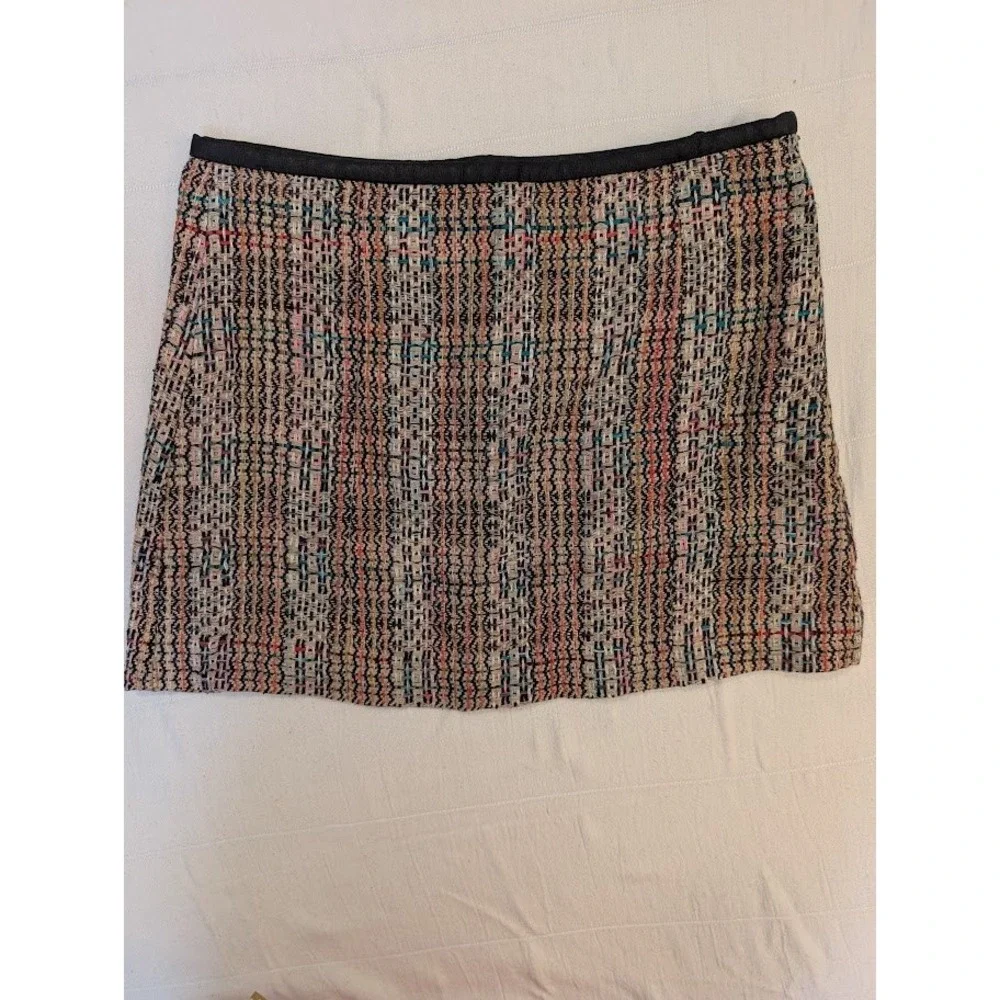Theory 100% Silk Skirt Size 4 Multicolor Tweed‎ Mini with Leather Waistband